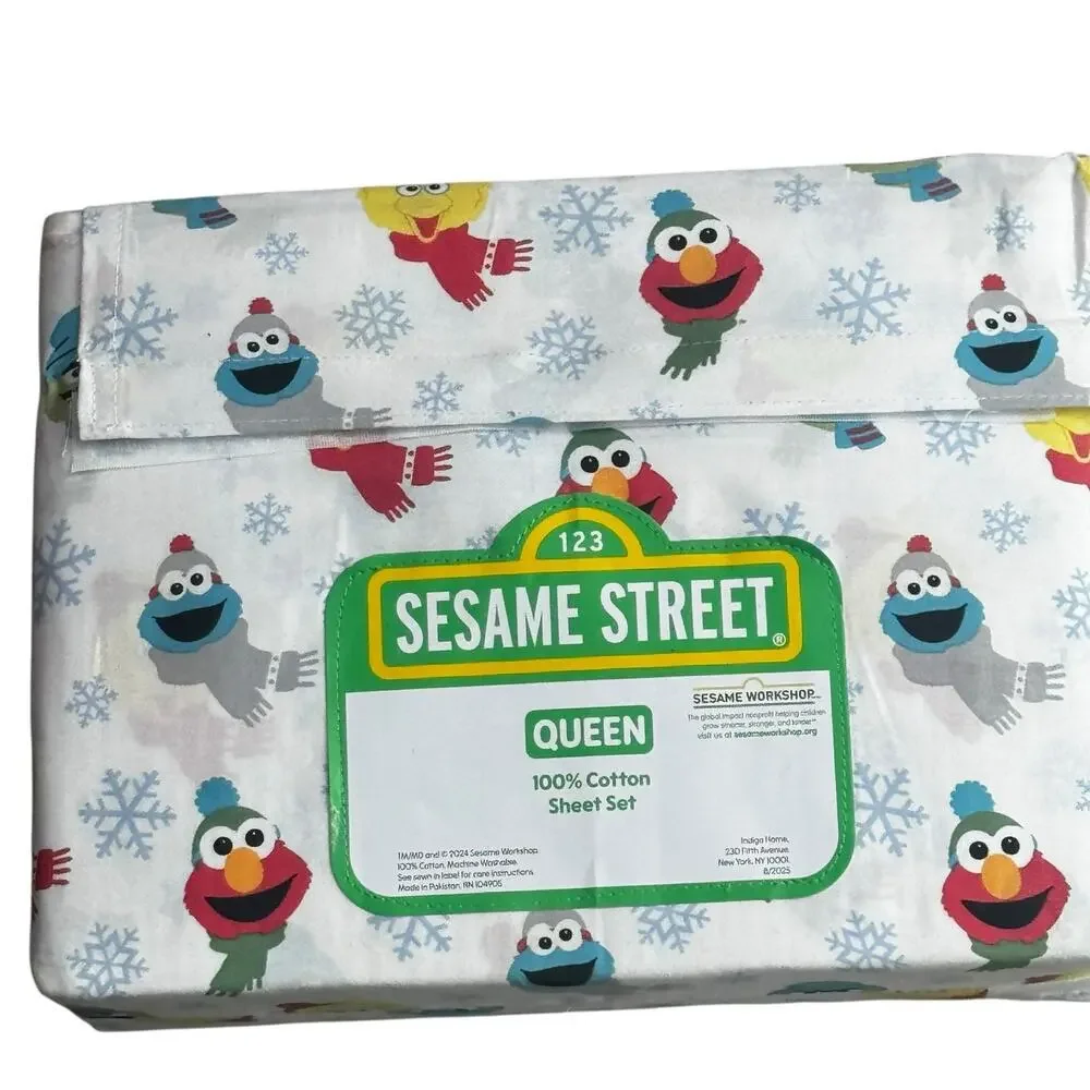 Sesame Street Winter Wonderland  Queen 100% Cotton Sheet 4 Piece Set NWT